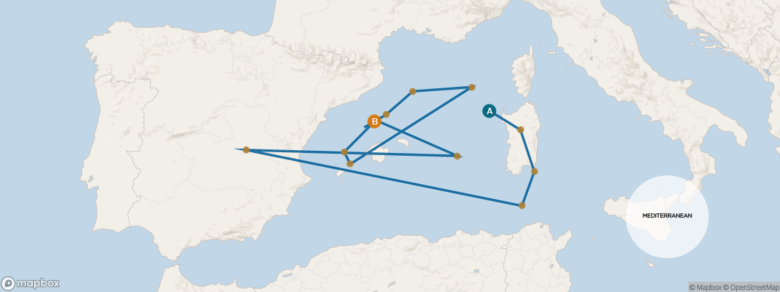 Seven Seas Voyager Voyage VOY271120A itinerary map from Rome (Civitavecchia) to Barcelona, November 20-December 5 2027, 15 days