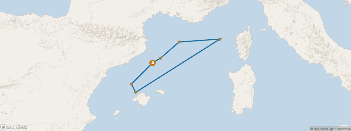 Seven Seas Voyager Voyage VOY271128 itinerary map from Barcelona to Barcelona, November 28-December 5 2027, 7 days