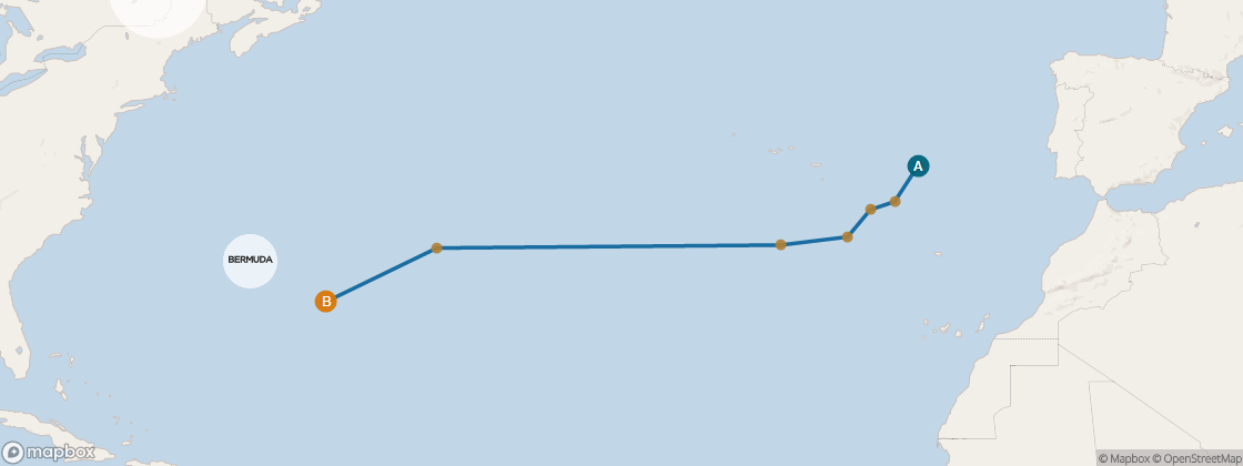 Seven Seas Voyager Voyage VOY271205 itinerary map from Barcelona to Miami, December 5-19 2027, 14 days