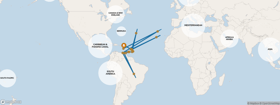 Seven Seas Voyager Voyage VOY271219 itinerary map from Miami to Miami, December 19-January 13 2028, 25 days
