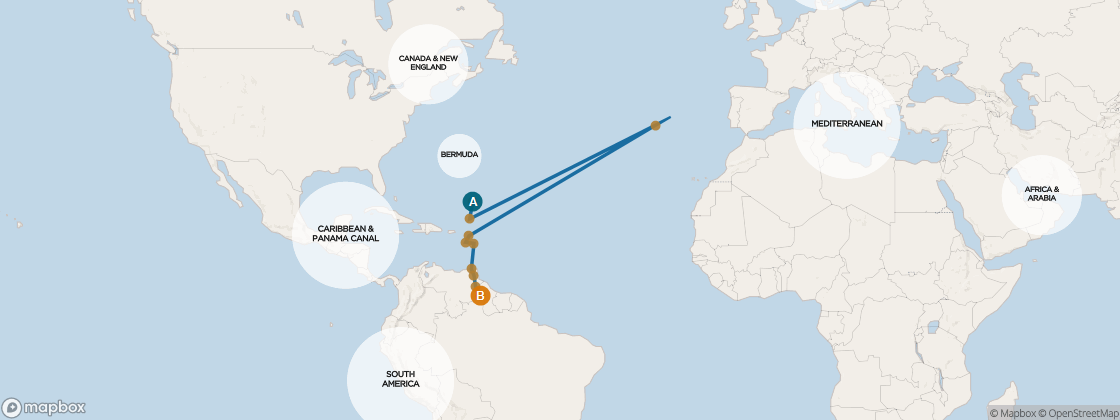 Seven Seas Voyager Voyage VOY280113 itinerary map from Miami to Lima (Callao), January 13-27 2028, 14 days