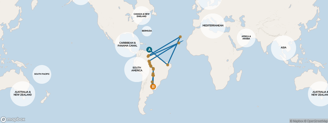 Seven Seas Voyager Voyage VOY280113A itinerary map from Miami, FL to Punta Arenas, Chile, January 13-February 10 2028, 28 days