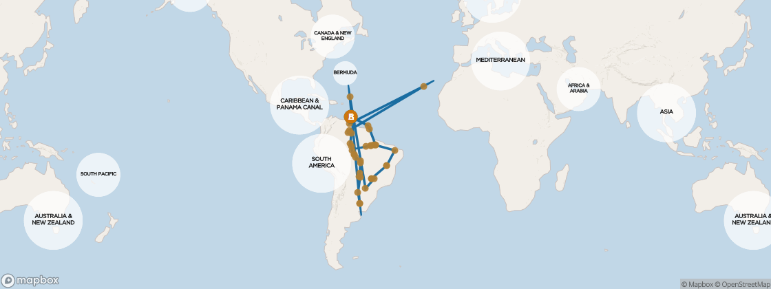 Seven Seas Voyager Voyage VOY280113C itinerary map from Miami to Miami, January 13-March 18 2028, 65 days