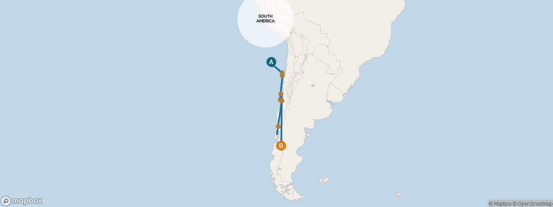 Seven Seas Voyager Voyage VOY280127 itinerary map from Lima (Callao), Peru to Punta Arenas, Chile, January 27-February 10 2028, 14 days
