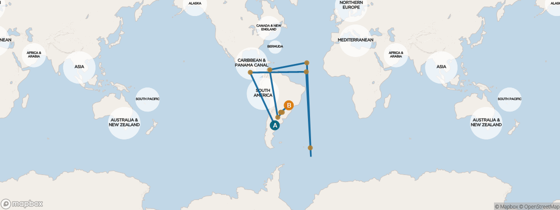 Seven Seas Voyager Voyage VOY280210 itinerary map from Punta Arenas, Chile to Rio de Janeiro, Brazil, February 10-26 2028, 16 days