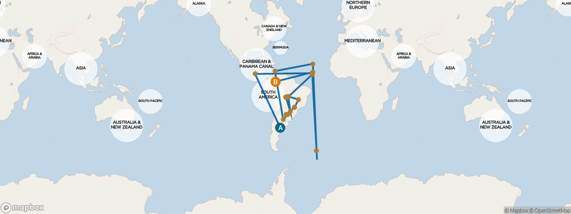 Seven Seas Voyager Voyage VOY280210A itinerary map from Punta Arenas, Chile to Miami, FL, February 10-March 18 2028, 37 days