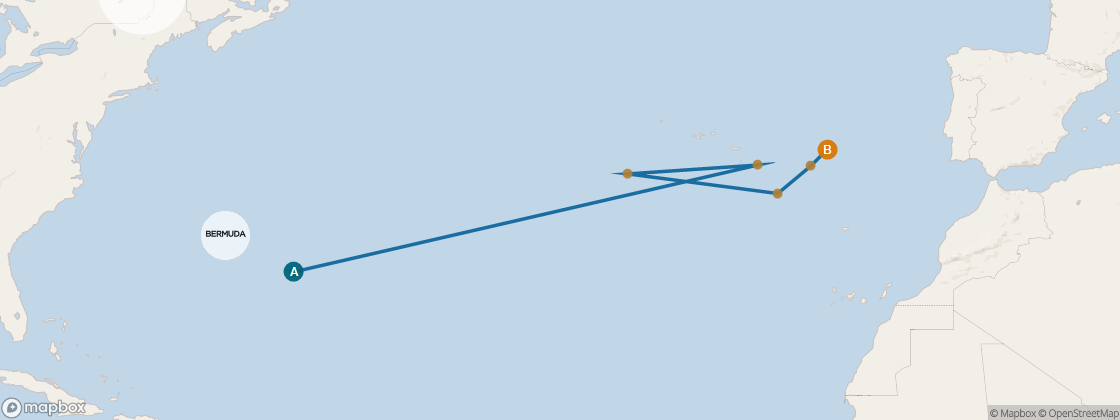 Seven Seas Voyager Voyage VOY280318 itinerary map from Miami to Barcelona, March 18-April 1 2028, 14 days