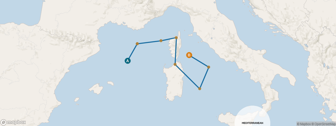 Seven Seas Voyager Voyage VOY280401 itinerary map from Barcelona to Rome (Civitavecchia), April 1-11 2028, 10 days