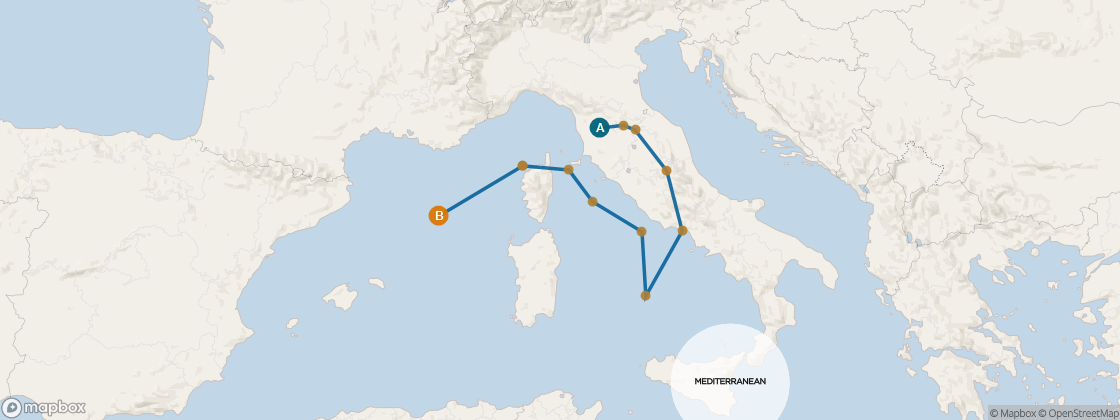 Seven Seas Voyager Voyage VOY280421 itinerary map from Venice (Fusina) to Barcelona, April 21-May 3 2028, 12 days