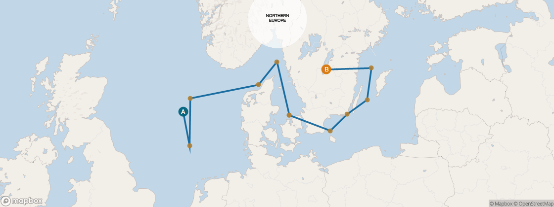 Seven Seas Voyager Voyage VOY280605 itinerary map from Edinburgh (Leith) to Stockholm, June 5-19 2028, 14 days