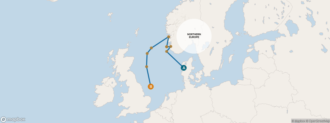 Seven Seas Voyager Voyage VOY280701 itinerary map from Copenhagen to London (Southampton), July 1-13 2028, 12 days