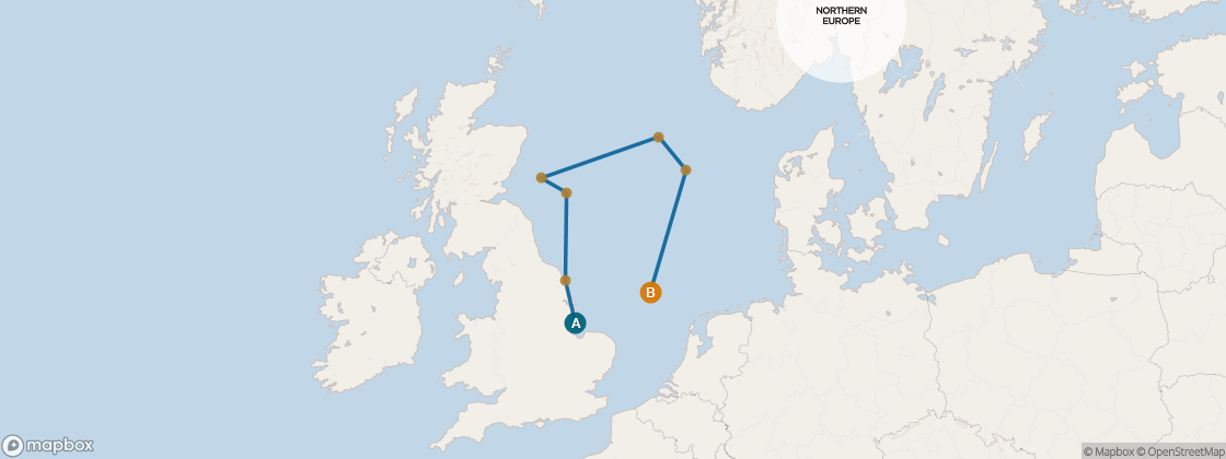 Seven Seas Voyager Voyage VOY280713 itinerary map from London (Southampton) to Amsterdam (Ijmuiden), July 13-22 2028, 9 days
