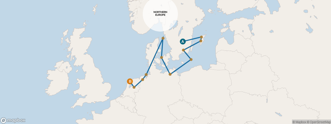Seven Seas Voyager Voyage VOY280803 itinerary map from Stockholm to London (Southampton), August 3-17 2028, 14 days
