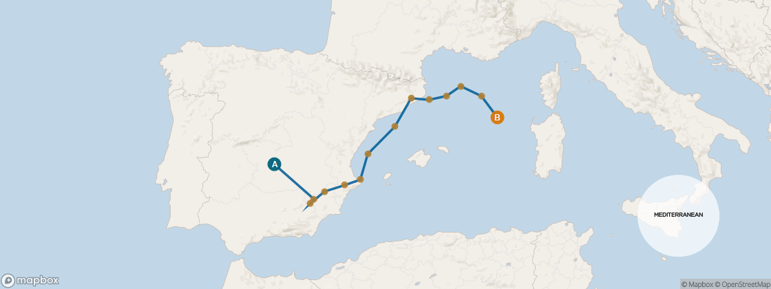Seven Seas Voyager Voyage VOY280921A itinerary map from Lisbon to Rome (Civitavecchia), September 21-October 6 2028, 15 days