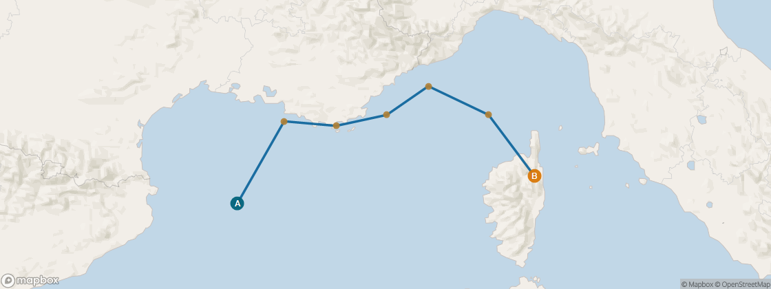 Seven Seas Voyager Voyage VOY280929 itinerary map from Barcelona to Rome (Civitavecchia), September 29-October 6 2028, 7 days