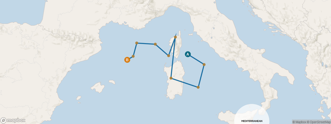 Seven Seas Voyager Voyage VOY281006 itinerary map from Rome (Civitavecchia) to Barcelona, October 6-18 2028, 12 days