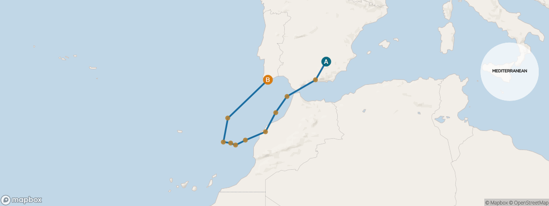 Seven Seas Voyager Voyage VOY281018 itinerary map from Barcelona to Lisbon, October 18-30 2028, 12 days