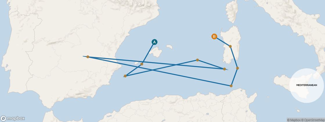 Seven Seas Voyager Voyage VOY281109 itinerary map from Barcelona to Rome (Civitavecchia), November 9-20 2028, 11 days
