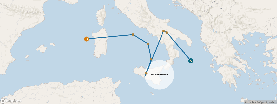 Seven Seas Voyager Voyage VOY281228 itinerary map from Athens (Piraeus) to Barcelona, December 28-January 7 2029, 10 days