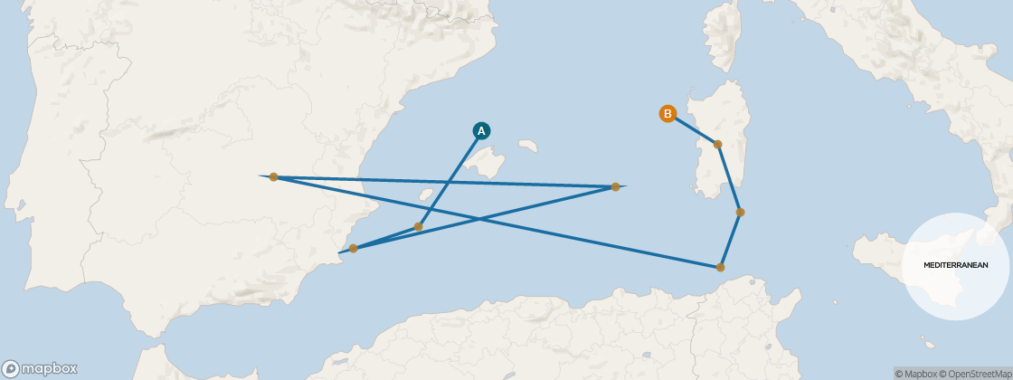 Seven Seas Voyager Voyage VOY290129 itinerary map from Barcelona to Rome (Civitavecchia), January 29-February 8 2029, 10 days