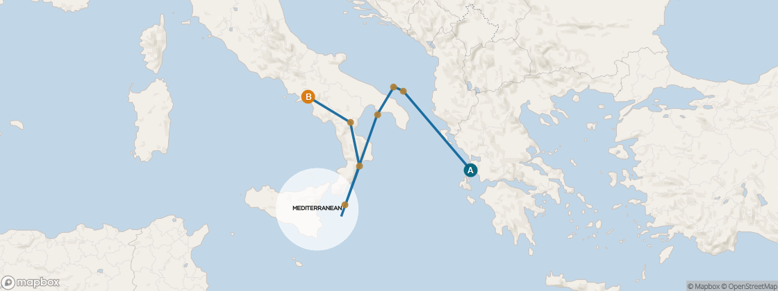 Seven Seas Voyager Voyage VOY290217 itinerary map from Athens (Piraeus) to Rome (Civitavecchia), February 17-26 2029, 9 days