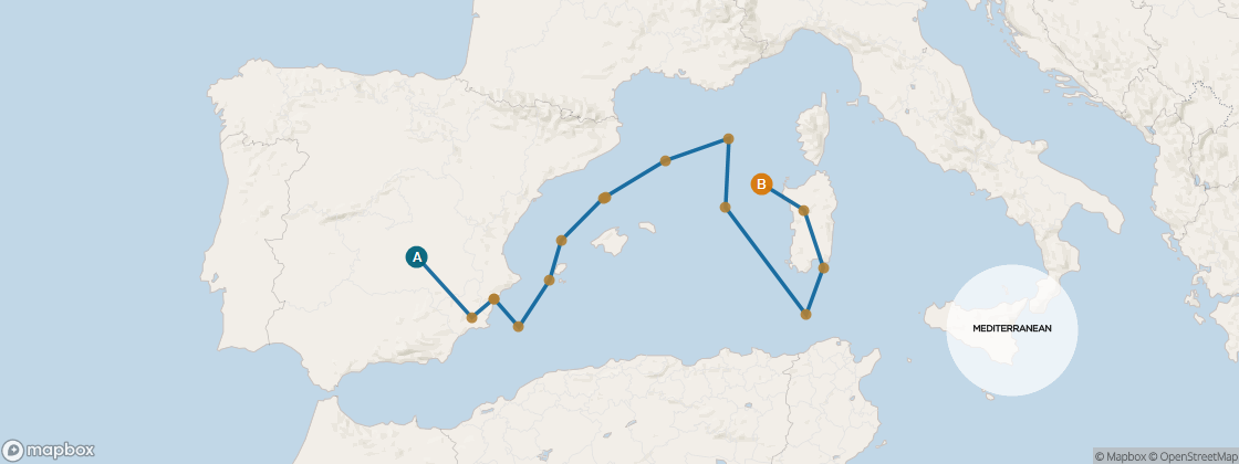 Seven Seas Voyager Voyage VOY290317A itinerary map from Lisbon to Rome (Civitavecchia), March 17-April 5 2029, 19 days