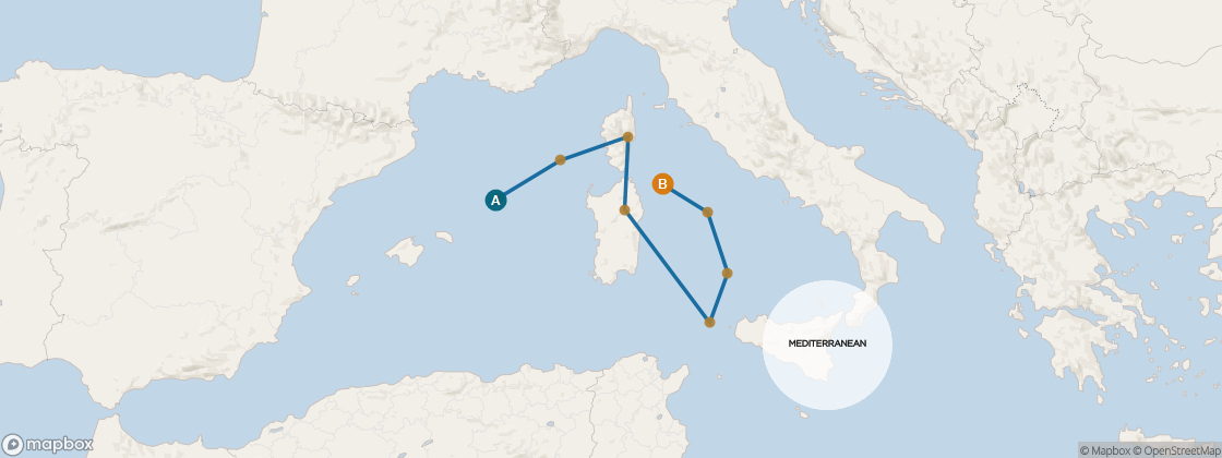Seven Seas Voyager Voyage VOY290326 itinerary map from Barcelona to Rome (Civitavecchia), March 26-April 5 2029, 10 days