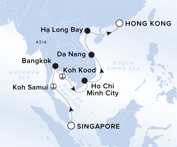 A map of the Andaman Sea, Gulf of Thailand, and South China Sea. A line shows the voyage route from Singapore, Koh Samui, Bangkok, Koh Kood, Ho Chi Minh City, Da Nang, Ha Long Bay, and Hong Kong.