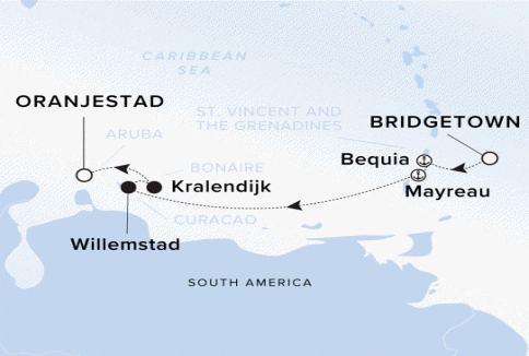 The Ritz-Carlton Evrima A map showing the Caribbean Sea. A line shows the voyage route from Bridgetown to Bequia, Mayreau, Willemstad, Kralendijk and Oranjestad.