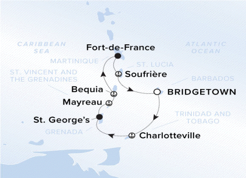 The Ritz-Carlton Evrima A map showing the Atlantic Ocean and Caribbean Sea. A line shows the voyage route from Bridgetown to Charlotteville, St. George's, Mayreau, Bequia, Fort-de-France, Soufrièree and Bridgetown.