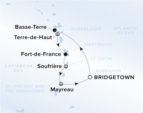 The Ritz-Carlton Evrima A map showing the Atlantic Ocean and Caribbean Sea. A line shows the voyage route from Bridgetown to Basse-Terre, Terre-de-Haut, Fort-de-France, Soufrièree, Mayreau and Bridgetown.