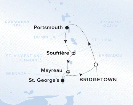 The Ritz-Carlton Evrima A map showing the Caribbean Sea. A line shows the voyage path from Bridgetown to Portsmouth, Soufrièree, Mayreau, St. George's and back to Bridgetown.