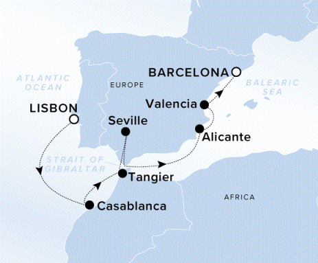 Map of Evrima Voyage 11240415, Lisbon to Barcelona