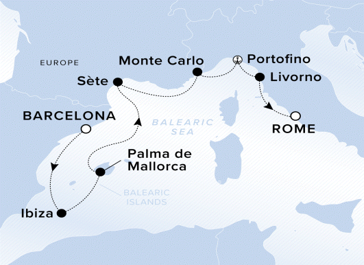 Map of Evrima Voyage 11240426, Barcelona to Rome