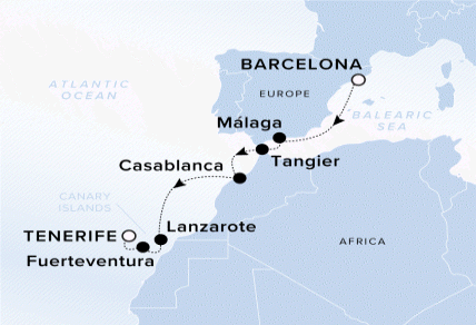 Map of the Ritz-Carlton Evrima itinerary, Roundtrip Barcelona To Tenerife