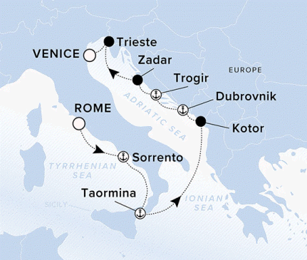 Ritz-Carlton Yacht Cruises 2025 Evrima Itinerary A map showing the Adriatic Sea, Ionian Sea and Tyrrhenian Sea. A line shows the voyage route starting from Rome going to Sorrento, Taormina, Kotor, Dubrovnik, Trogil, Zadar, Trieste and ends in Venice.