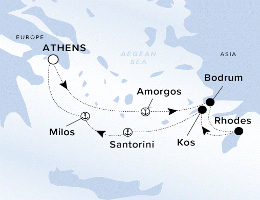 Ritz-Carlton Yacht Cruises 2025 Evrima Itinerary A map showing the Aegean Sea. A line going from Athens to Amorgos, Bodrum, Rhodes, Kos, Santorini, Milos and ending back in Athens.