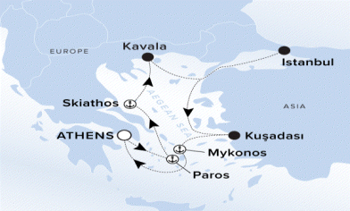 Ritz-Carlton Yacht Cruises 2025 Evrima Itinerary A map of the Aegean Sea. A line going from Athens to Paros, Skiathos, Kavala, Istanbul, Kusadasi, Mykonos and ending back to Athens.