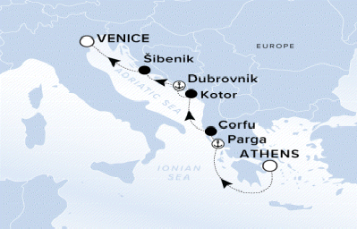 Ritz-Carlton Yacht Cruises 2025 Evrima Itinerary A map of the Adriatic Sea with a line starting in Athens, going to Parga, Corfu, Kotor, Dubrovnik, Sibenik and ending in Venice.