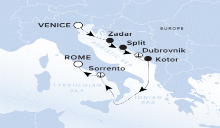 Ritz-Carlton Yacht Cruises 2025 Evrima Itinerary A map of the Adriatic Sea with a line starting in Venice going to Zadar, Split, Dubrovnik, Kotor, Sorrento and ending in Rome.