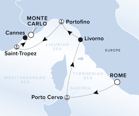Ritz-Carlton Yacht Cruises 2025 Evrima Itinerary A map of the coast of Italy with a line starting in Rome going to Porto Cervo, Livorno, Portofino, Saint-Tropez, Nice and ending in Monte Carlo.