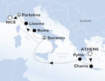 Ritz-Carlton Yacht Cruises 2025 Evrima Itinerary A map of the Ionian and Tyrrhenian Sea with a line starting in Athens and going to Chania, Pylos, Sorrento, Rome, Livorno, Portofino and ending in Nice.