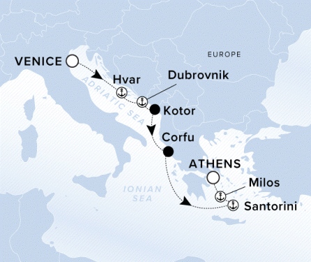 Ritz-Carlton Yacht Cruises 2025 Evrima Itinerary A map showing the Adriatic Sea and Ionian Sea. A line shows the voyage route starting from Venice and going to Hvar, Dubrovnik, Kotor, Corfu, Santorini, Milos and ends in Athens.