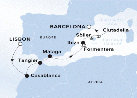 The yacht's journey into the Mediterranean Sea mapped from Lisbon, Portugal through Casablanca, Tangier, Malaga, Formentera, Ibiza, Soller, Ciutadella and concluding in Barcelona, Spain.