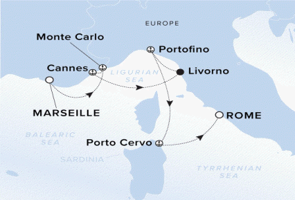 The Ritz-Carlton Evrima A map of the Mediterranean Sea with the yacht's journey plotted from Marseille, France through Monte Carlo, Cannes, Livorno, Porto Fino, Porto Cervo and Rome.