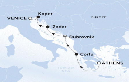 Map of the Ritz-Carlton Evrima itinerary, Piraeus to Venice