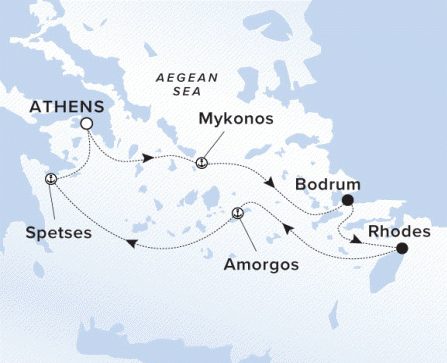 Map of the Ritz-Carlton Evrima itinerary, Roundtrip Piraeus
