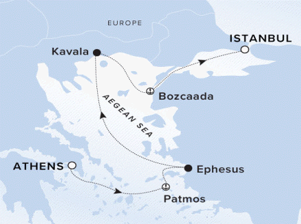 Map of the Ritz-Carlton Evrima itinerary, Piraeus to Istanbul, Turkey