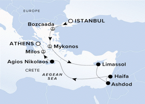 Map of the Ritz-Carlton Evrima itinerary, Istanbul to Piraeus