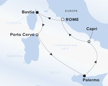 Map of the Ritz-Carlton Evrima itinerary, Civitavecchia, Italy to Civitavecchia